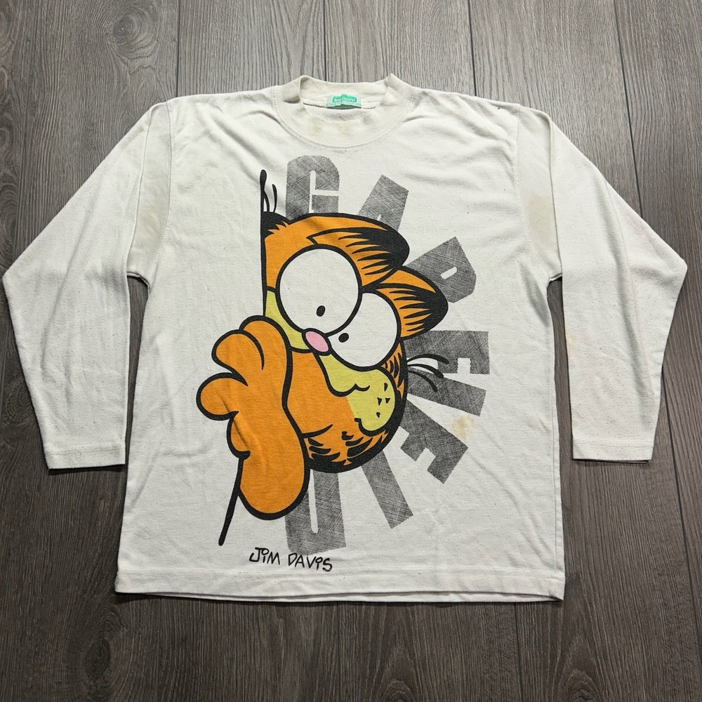 Vintage 90s Garfield Small Bossini Long Sleeve Shirt Jim Davis Graphic Cream